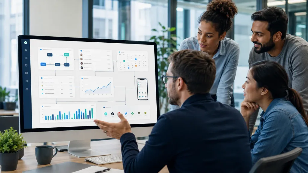 Uptech Team reviewing a custom software dashboard for business workflow automation